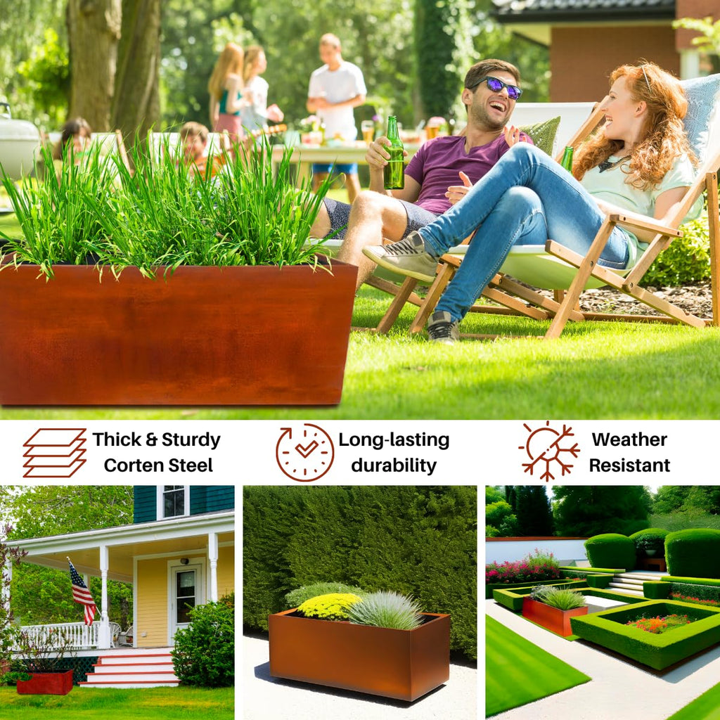 Corten Steel Planter Large Rectangle for Outdoor, Metal Planter Box - 46x20x20 inch - Flower Pot for Garden, Patio