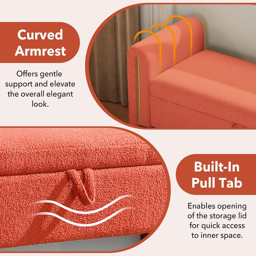 52" Flip-Top Storage Ottoman Bench, Teddy Entryway Bench (Orange) | Teddy Fleece Upholstered End of Bed Bench with