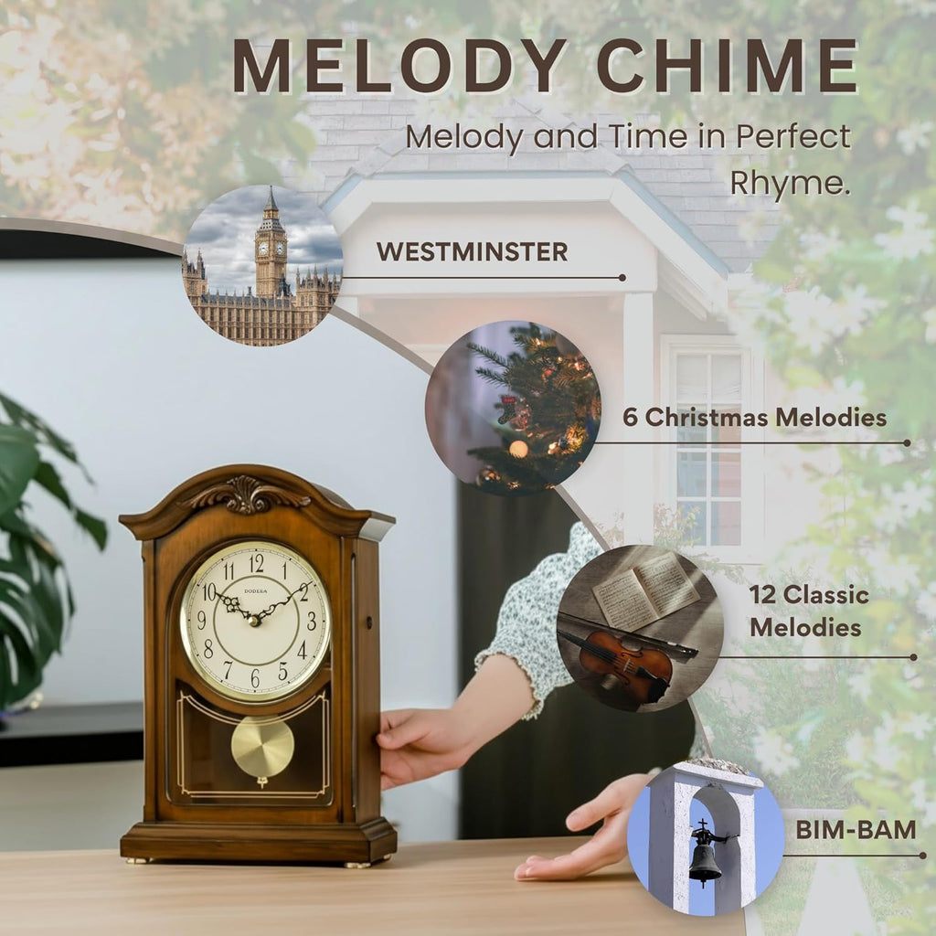 Wooden Mantel Clock TCW004DB Pendulum Carved Case Hourly Chime Classic Melody Antique Style for Fireplace