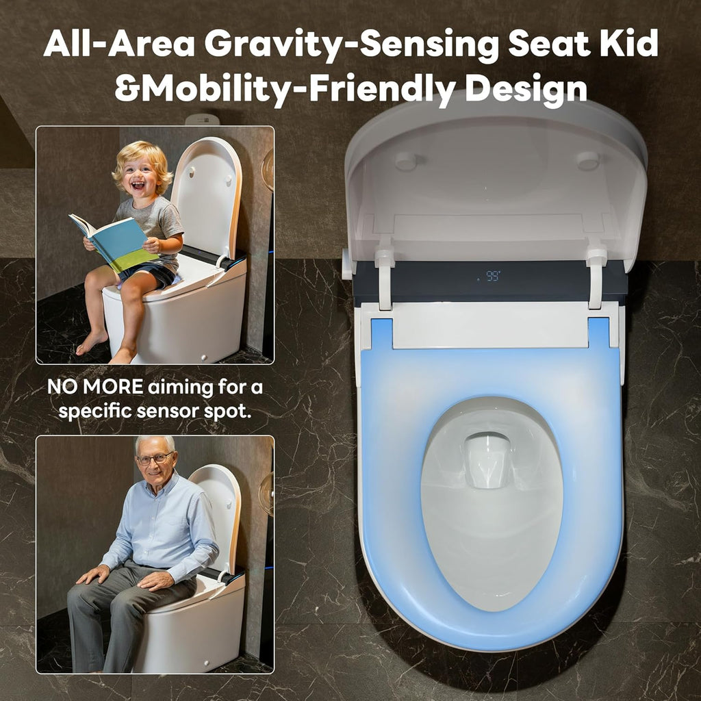 Smart Toilet with Built-In Bidet, Foam System, Temperature-Controlled Heated Seat, Instant Warm Water, Full-Seat Sensor, Auto Open and Close, Foot Sensor, Auto Deodorizer, Remote Control