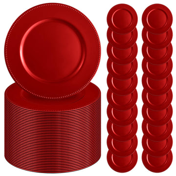 50 Pcs Red Charger Plates 13" Round Charger Plates Bulk Beaded Chargers for Dinner Plate Decorative Red Plastic