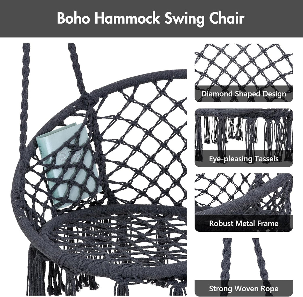 Outdoor Hanging Swing Chair with Stand and Seat Cushion, Dark Grey | Heavy Duty Steel Stand, Indoor Outdoor Use, 400