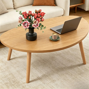 Coffee Table, 31.5" Low Coffee Tables with Solid Wood Legs Kidney Natural