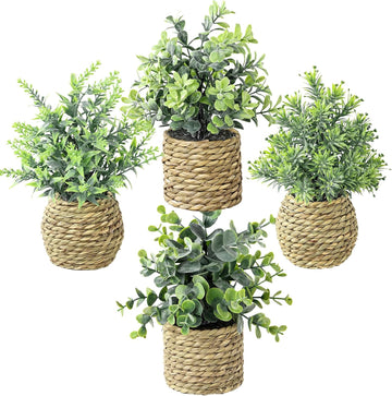Small Fake Plants, 4 Pack Artificial Plants in Handwoven Seagrass Baskets | Natural Woven Texture, 4 Unique Plant