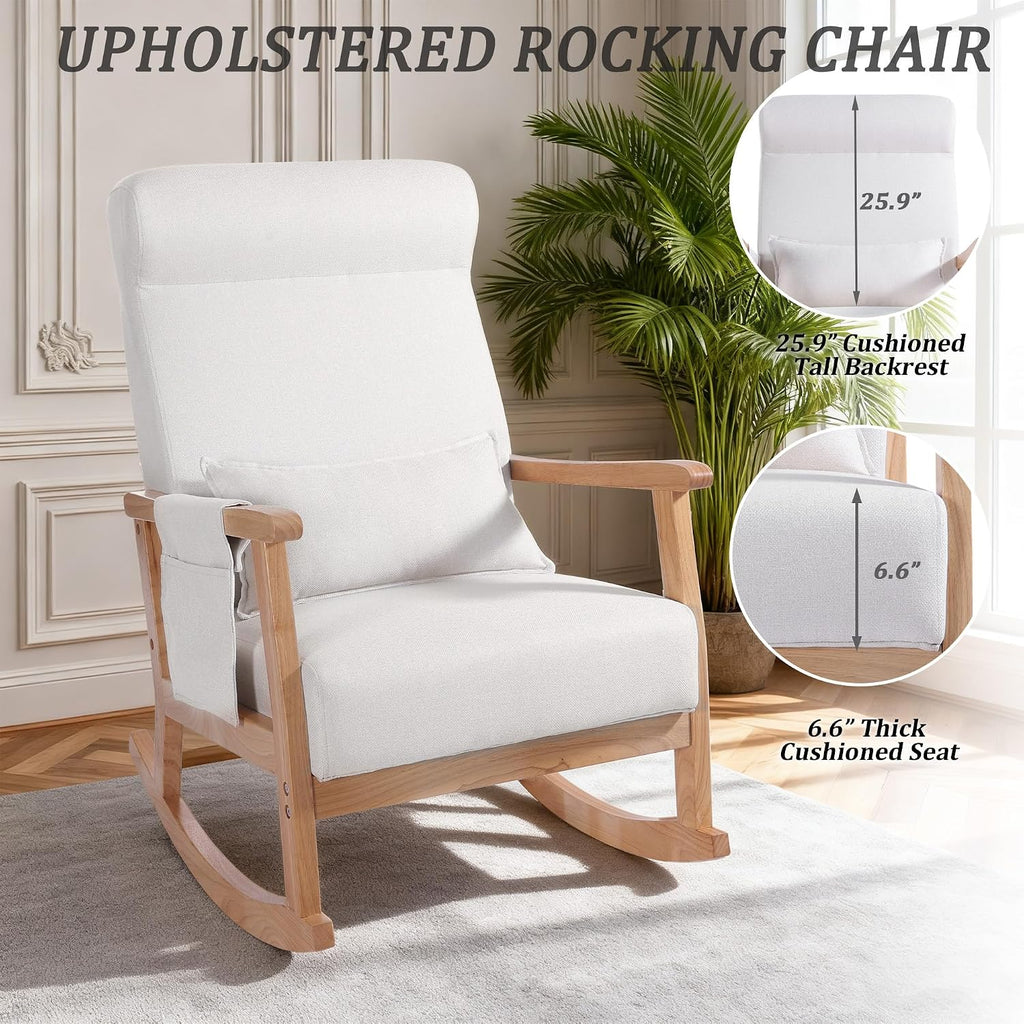 Rocking Chair Indoor with Ottoman, Lumbar Pillow & Side Pocket | Upholstered, High Back, Solid Wood Frame, with
