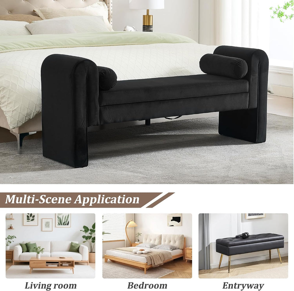 Velvet Bench End of Bed, 60.5- inch Upholstered Button Tufted Ottoman Bench with Rolled Arms, Button-Tufted Ottoman