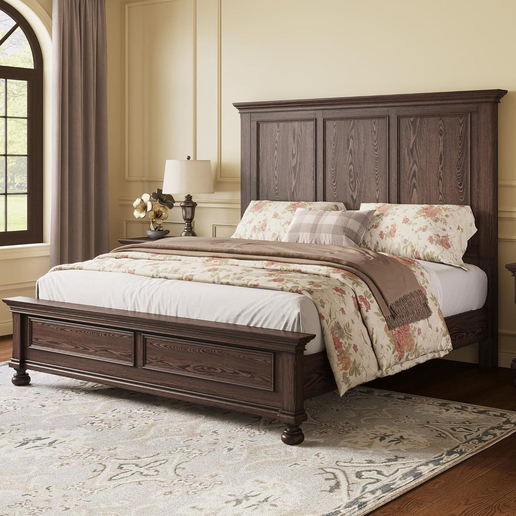 Solid Wood Queen Bed Frame with 65.2" High Headboard, Traditional Platform Bed with Heavy Duty Slats, No Box Spring