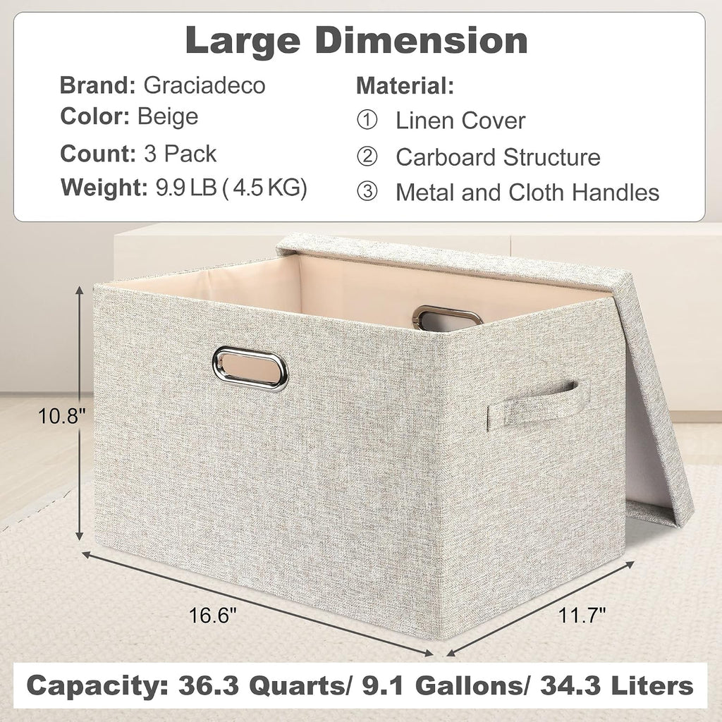 Large Quart Collapsible Stackable Storage Bins with Lids, 3 Packs Beige Linen Fabric Closet Boxes with Lids, Storage