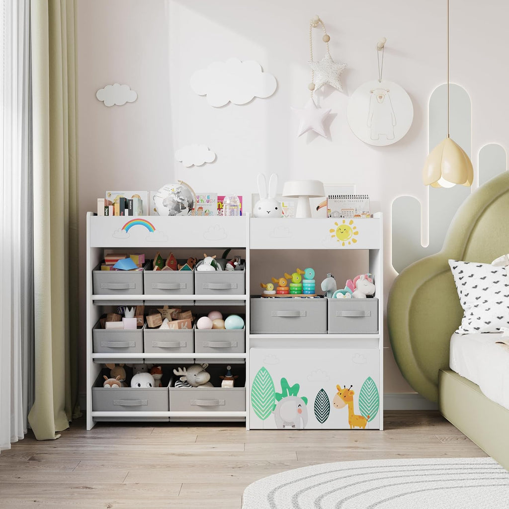 Kids Bookshelf, Toy Storage Organizer with Movable Toy Chest | Toddler Montessori Bookshelf with 10 Fabric Bins