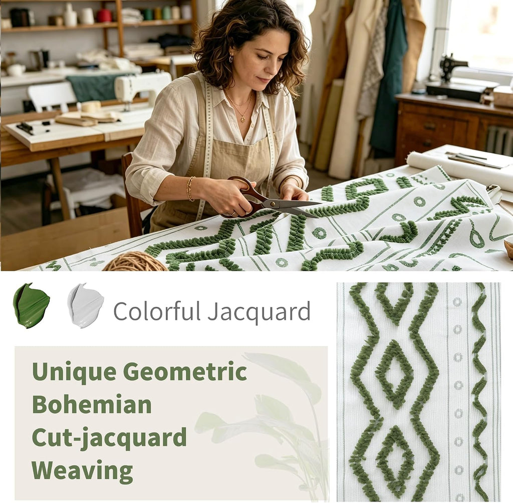 Green Boho Curtains with Tufted Pom Stripe Geometric, Linen Jacquard Pattern Drapes with Grommet for Living Room