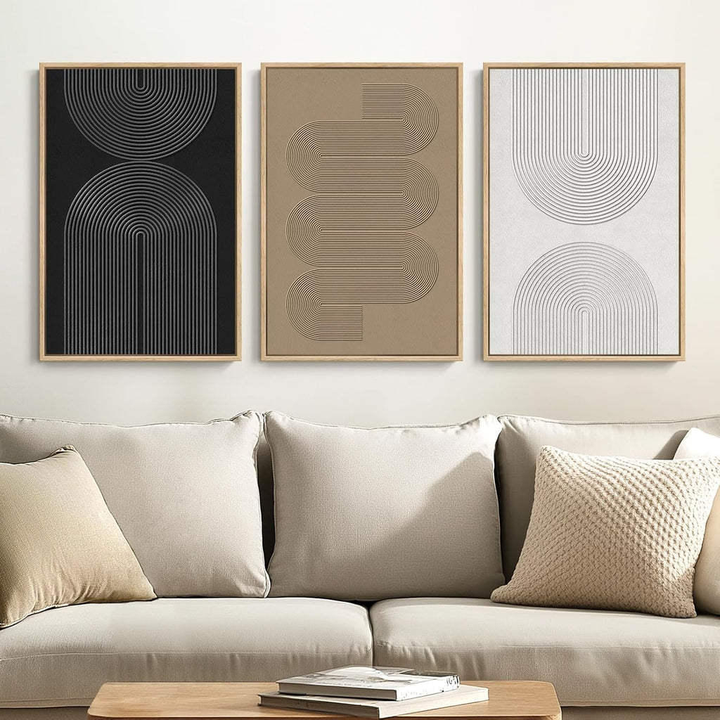 Large Framed Boho Black White Abstract Wall Art, 24x36 In - Set of 3