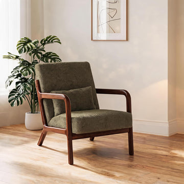 Mid-Century Modern Accent Chair, Chenille Upholstered Armchair with Wood Frame and Lumbar Pillow, Cozy Reading Chair