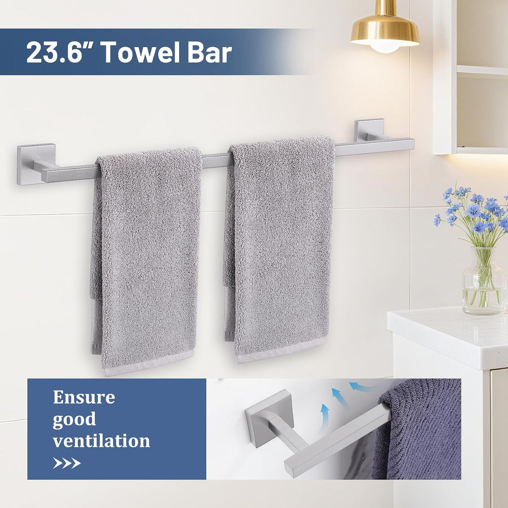 5-Pieces Brushed Nickel Bathroom Hardware Accessories Set 23.6" Towel Bar Set Wall Mounted Square Toilet Paper Holder