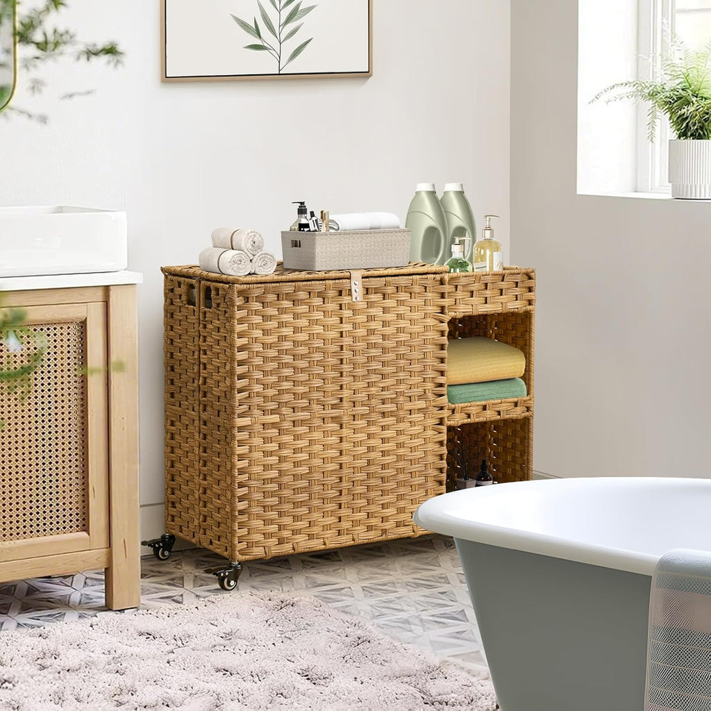 Laundry Hamper with Wheels, 42.3 Gal.(160 L) Laundry Sorter with Shelves, Rattan Clothes Hamper with 4 Removable