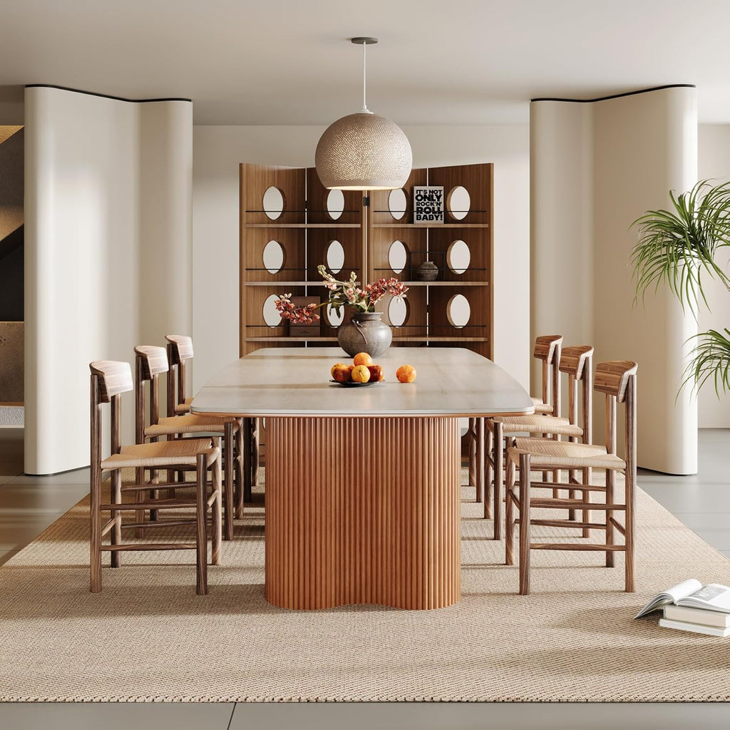 78.7" Sintered Stone Dining Table for 8-10，Luxury Rectangular Kitchen Table with Solid Wood Legs, Mid-Century Dining