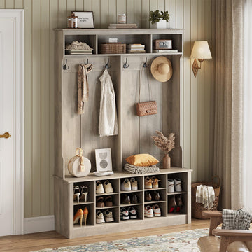 Hall Tree with Bench and Shoe Storage, 53" Farmhouse 4-in-1 Mudroom Storage Organizer with Coat Rack, 6 Hooks, 12