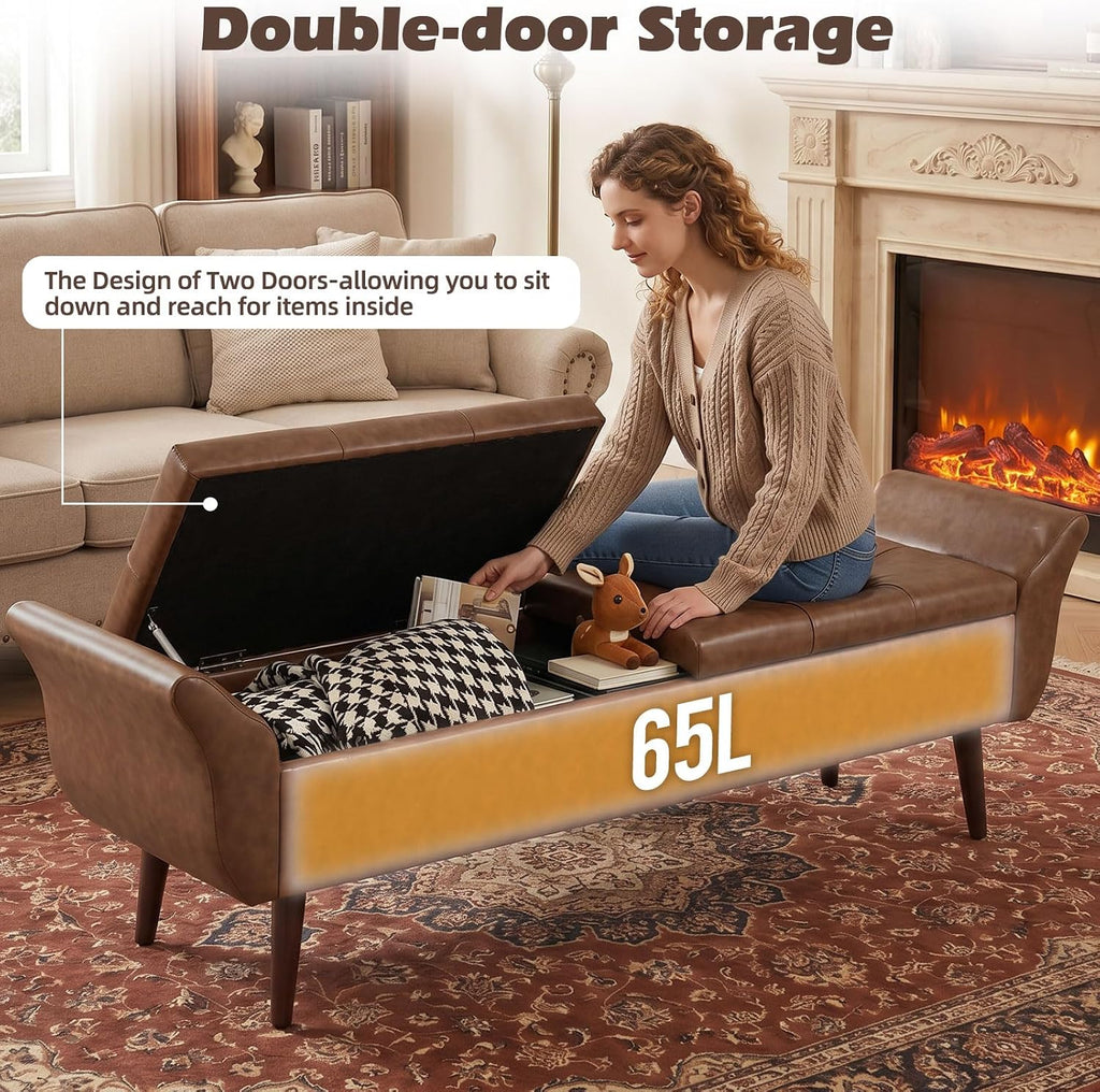 Storage Ottoman Bench 64'' Leather End of Bed Bench Easy-to-Assemble