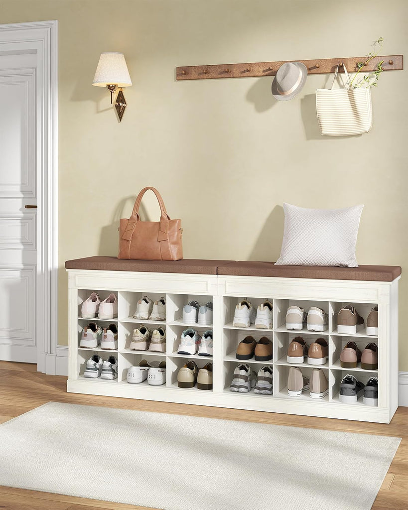 Shoe Bench with Cushion, Farmhouse Storage Bench with 18 Cubbies & Hidden Storage Space, Large Capacity Organizer