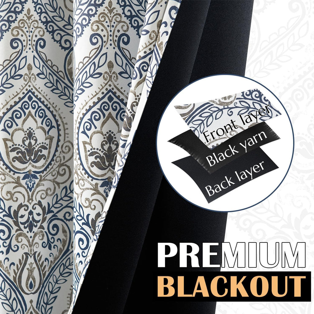 Blackout Curtains Blue Damask Medallion Curtain for Bedroom Black Out Drapes Printed Vintage Luxury