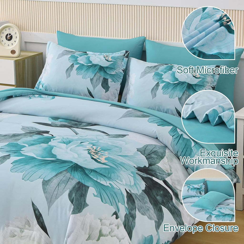 Floral Comforter Set Queen 7 Piece Bed in a Bag, Aqua Flowers Printed on Light Blue Comforter Set with Sheets, Soft - Set of 7