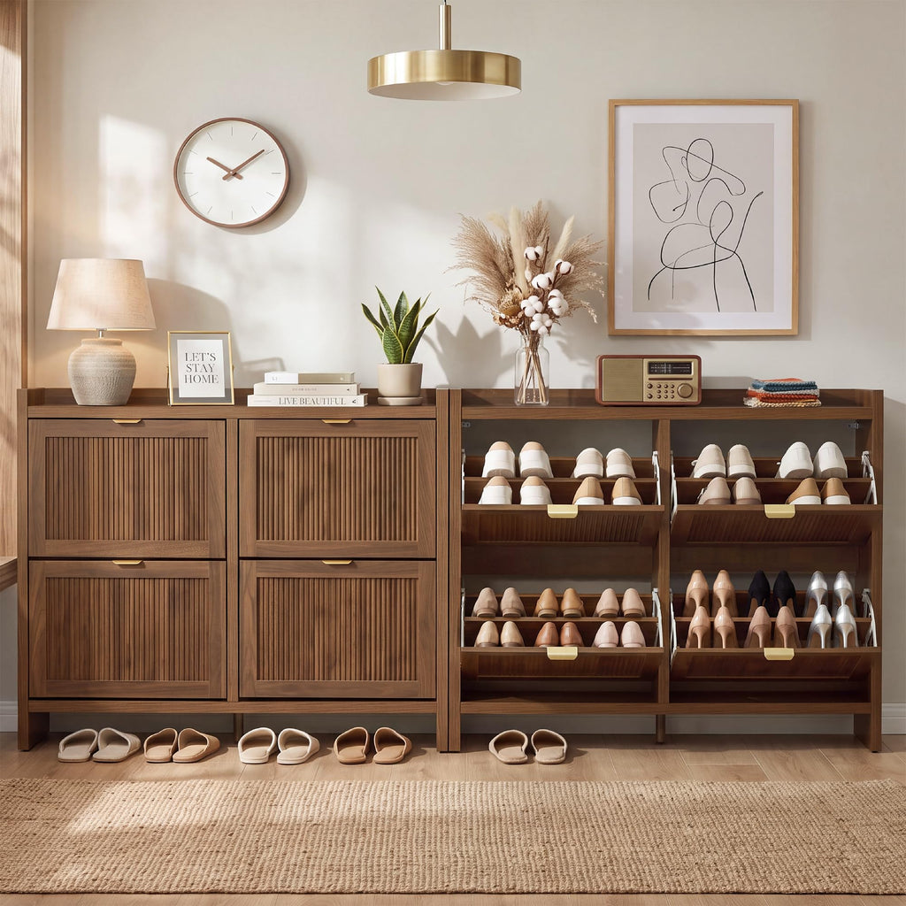 Fluted Shoe Storage Cabinet with 4 Flip Drawers