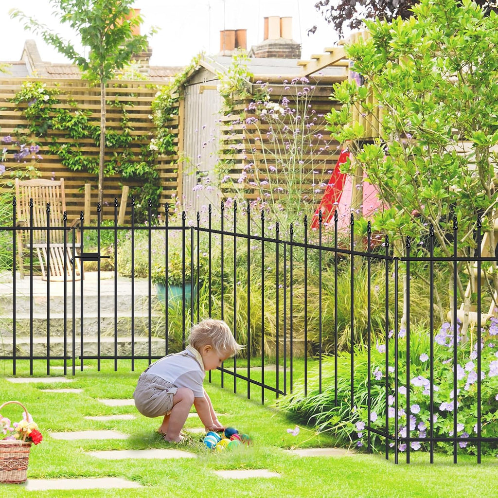 Metal Garden Fence with Gate 36 in H x 12 ft L, 1 Gate + 5 Panels Border Dog Fence Panels Animal Barrier, No Dig