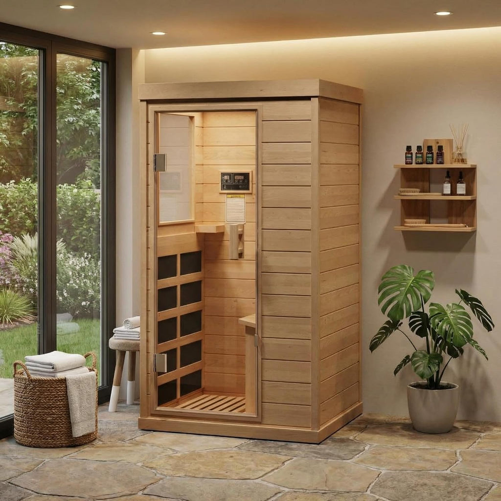 Far Infrared Sauna 1 Person Indoor Dry Sauna with Low EMF 1200W/110V Heaters Panels, Chromotherapy, MP3 Speaker