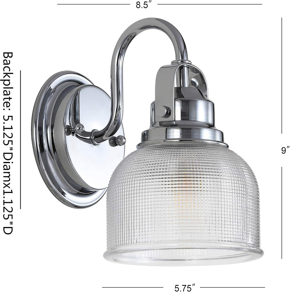 Virginia 1-Light Bath Vanity Light 5.75", Chrome | Metal Wall Sconce, Clear Glass Textured Bell Shade, Dimmable, For