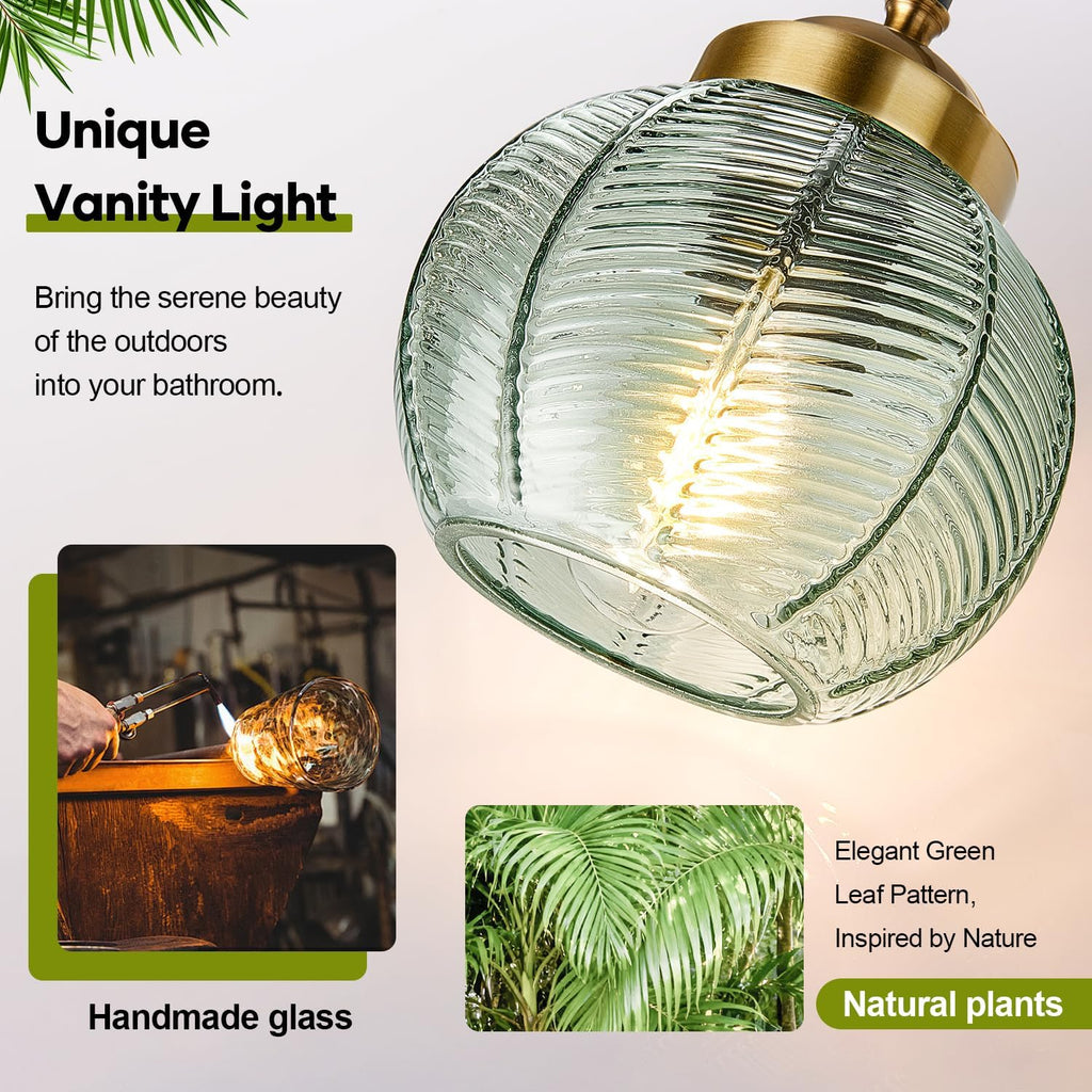 Bathroom Light Fixtures, 3-Light Green Vanity Lights with Unique Leaf Texture Glass Shade, Modern Matte Black and