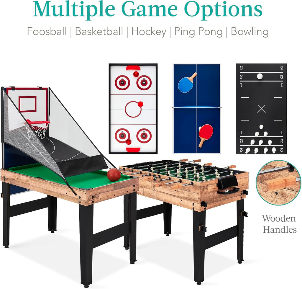 Combo Game Table Set for Home, Game Room, Friends & Family w/Ping Pong, Foosball, Basketball, Air Hockey, Archery