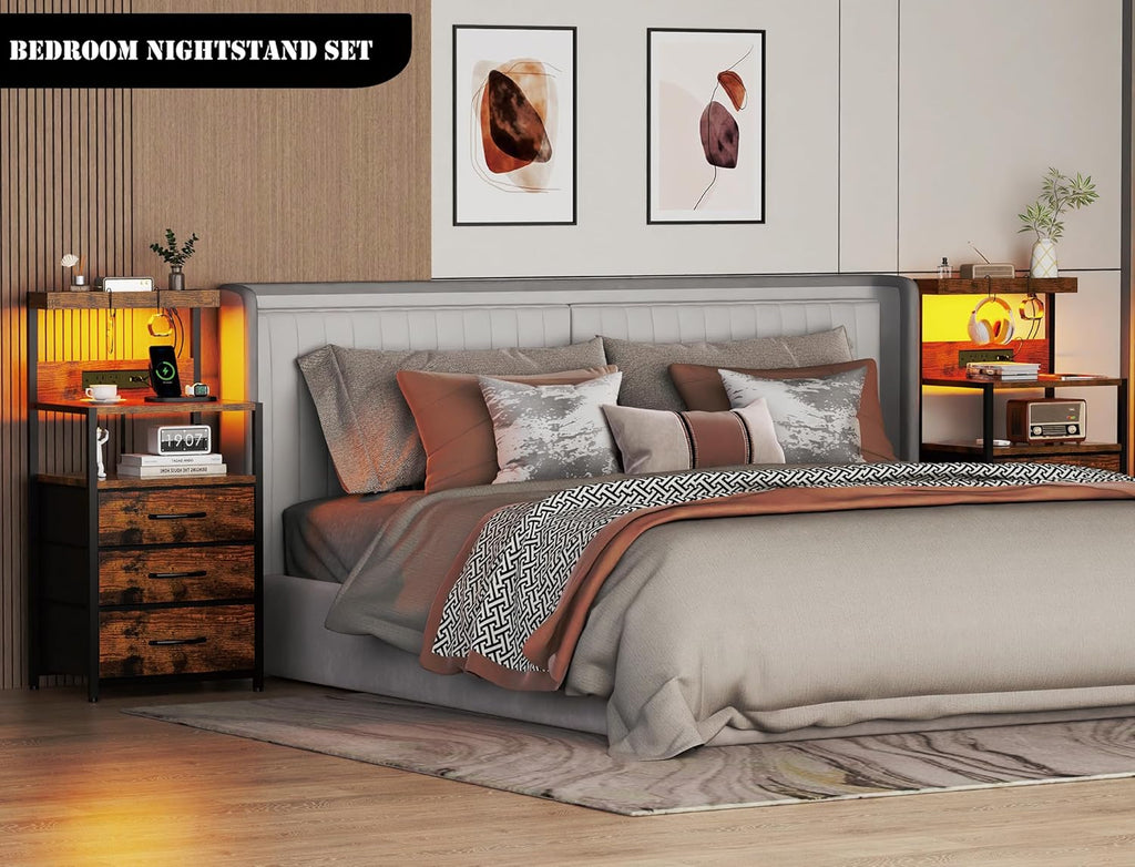 Nightstands Set of 2 with Outlet and USB C Port, Bedroom Night Stand with Led Lights and 3 Fabric Drawers, Matching