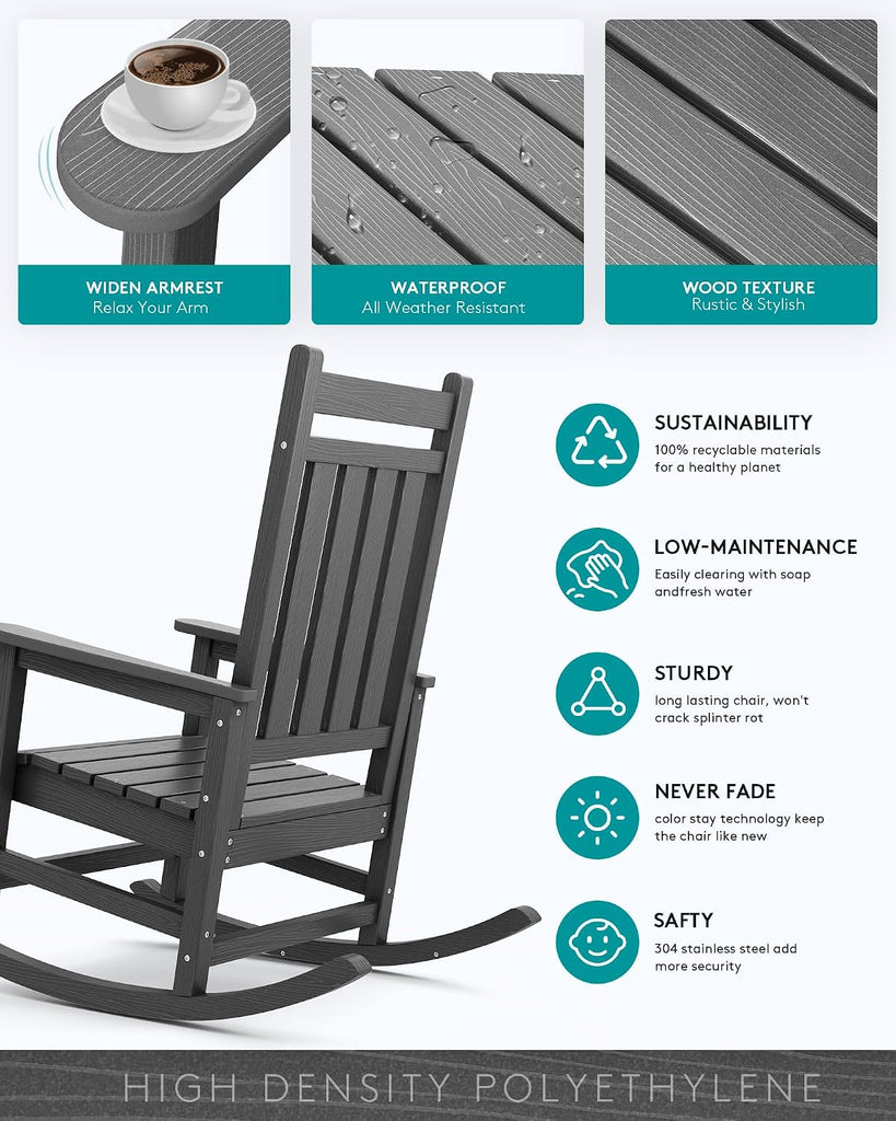 Outdoor Rocking Chair Set of 2, HDPE Rocking Chairs for Adult, Grey | 21.1" Widened Seat adds Extra Comfort
