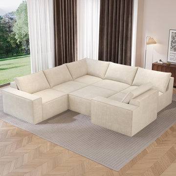 142" Modular Couch, Modern 7 Seater Sofa Couches for Living Room, No Assembly Required, White