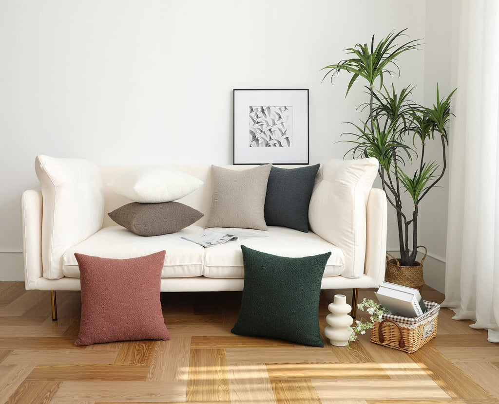Ivory Decorative Square Thick Throw Pillow Covers Fine Textured Boucle Couch Cushion Cases Livingroom Sofa Decor, Set