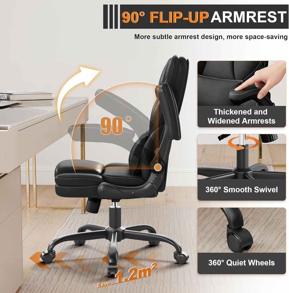 Ergonomic with Flip-Up Armrests, Mid Back Executive PU Leather Desk Chair, Height Adjustable with Lumbar Support