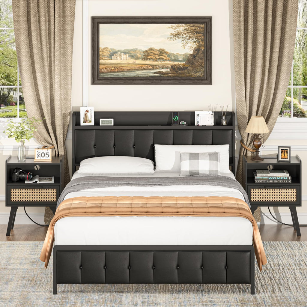 Rattan Nightstands Set of 2 with Charging Station, Boho Side Table
