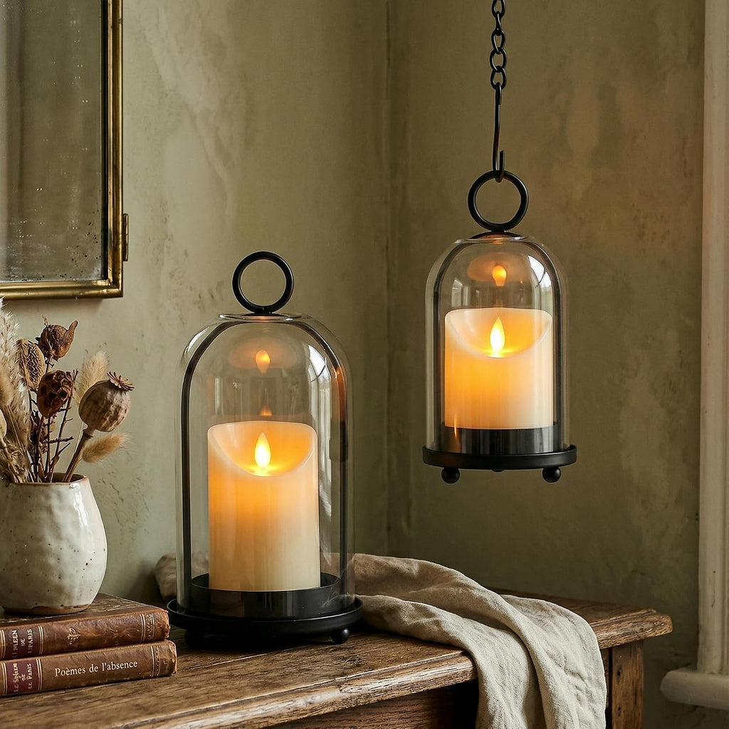 Hurricane Candle Holders Set of 2-10" & 7.8" Black Metal Base with Glass Dome, Includes 2 Pillar Candles, Hanging or