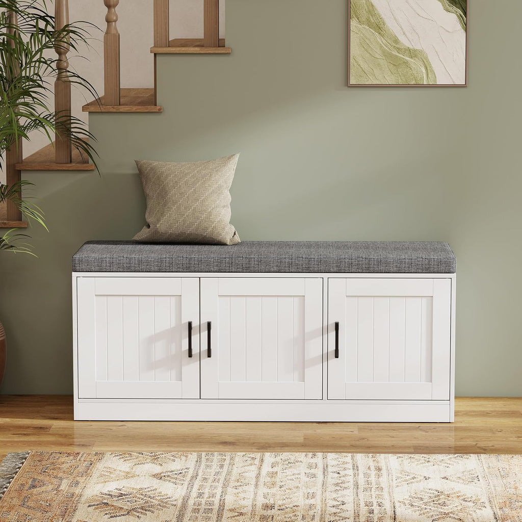 Shoe Storage Bench with Cabinet, 3-Tier Entryway Bench with Padded Seat Cushion, Shoe Cabinet Bench with 4 Adjustable