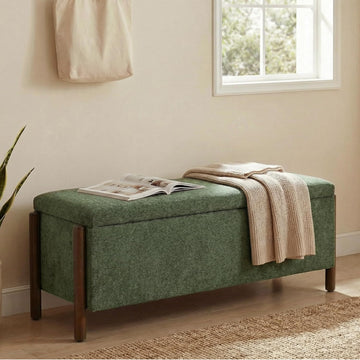 Wooden Storage Ottoman Bench, 47" Fabric Upholstered End of Storage Bench with Rubberwood Legs, Entryway Bench with