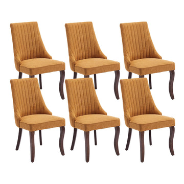 Gold Fabric Upholstered Dining Chairs Set of 6, Curved Solid Wood Legs