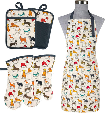 Oven Mitts and Pot Holders with Chef Apron,Kitchen Set of 5 | Heat Resistant Kitchen Gloves and Silicone Non-Slip