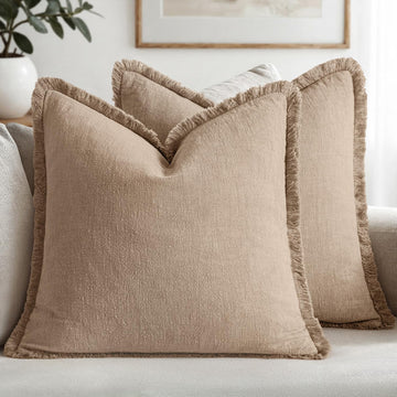 Boho Linen Fringe Decorative Euro Throw Pillow Covers Camel 24x24