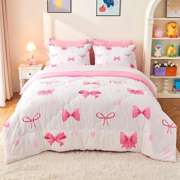 7 Piece Pink Bow Bedding Set for Girls Kids Comforter Set with Sheet and 2 Pillowcases 2 Pillow Shams Cute Girls