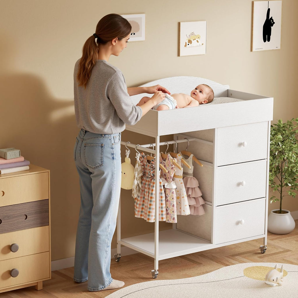 Changing Table Dresser with Clothing Rack and Storage Shelf,3-Drawer Baby Dresser with Changing Table Top,Diaper