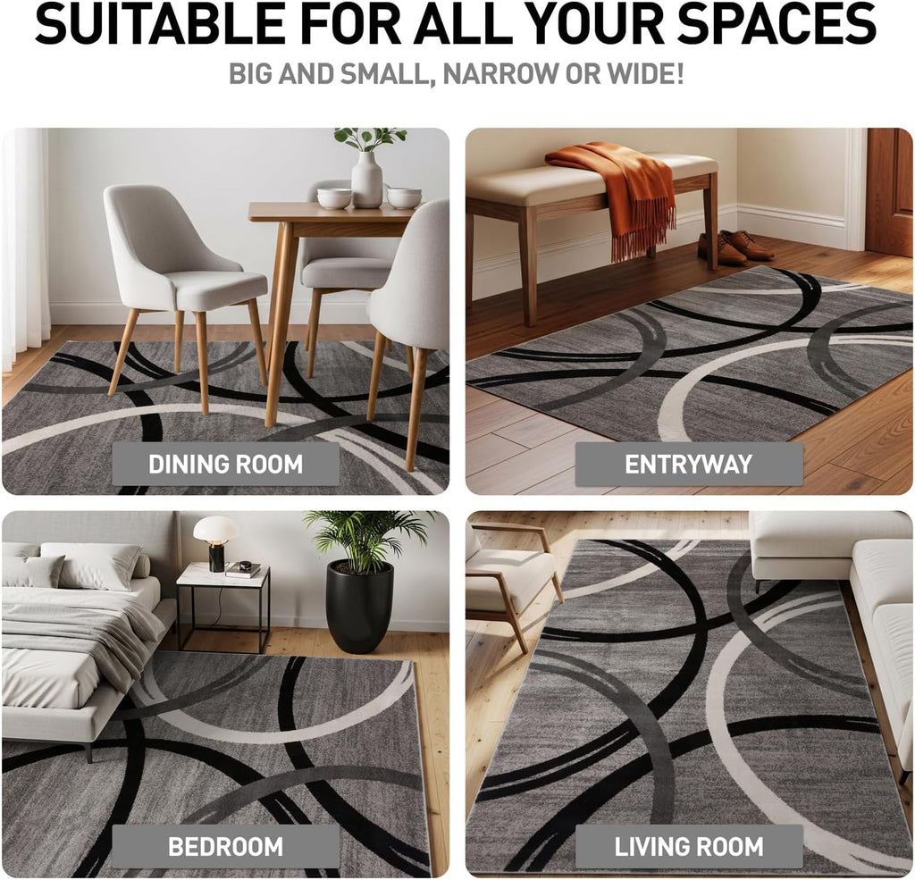 Wavy Circles Fade-Resistant Living Room Area Rug Gray 5'3" x 7'3"