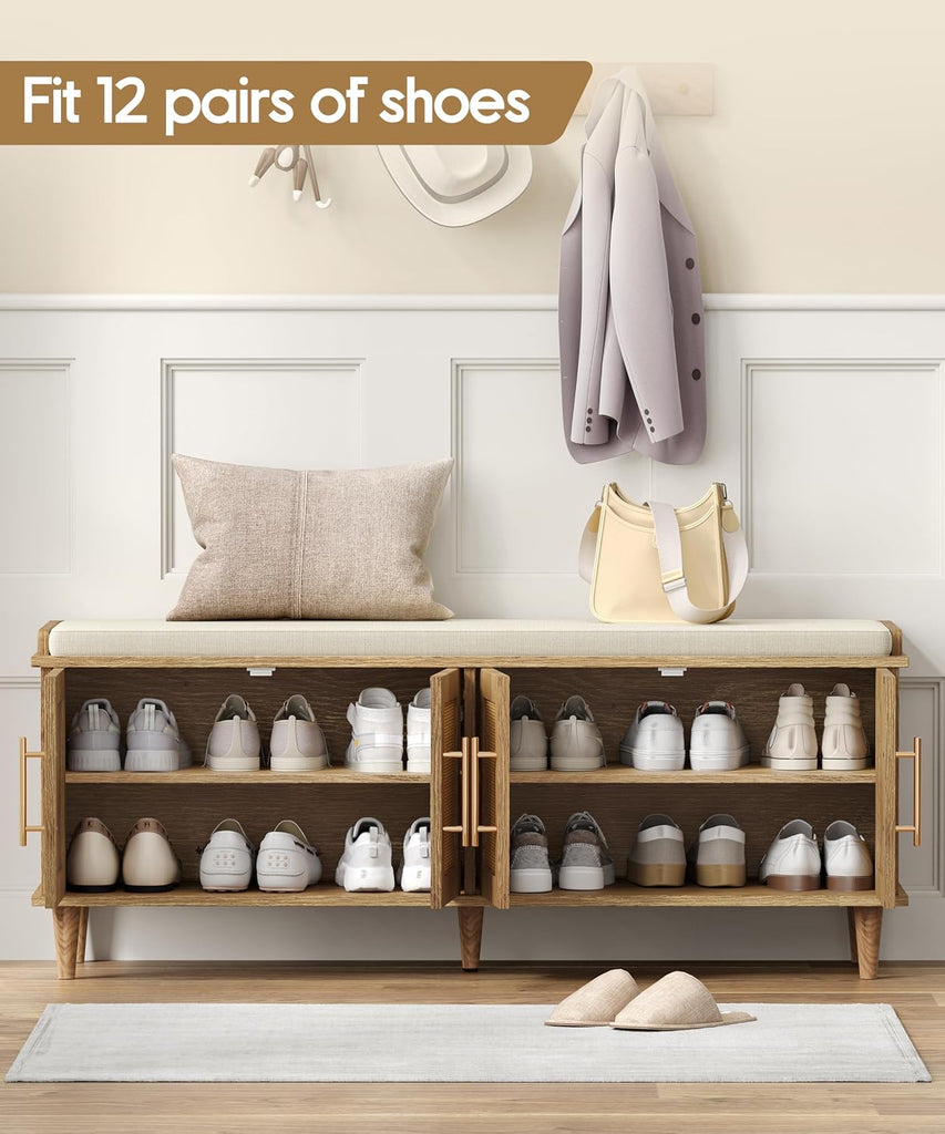 Rattan Shoe Storage Bench with Cushion, 2-Tier Entryway Bench with Adjustable Shelves and 4 Doors, 15" D x 47.2" W x