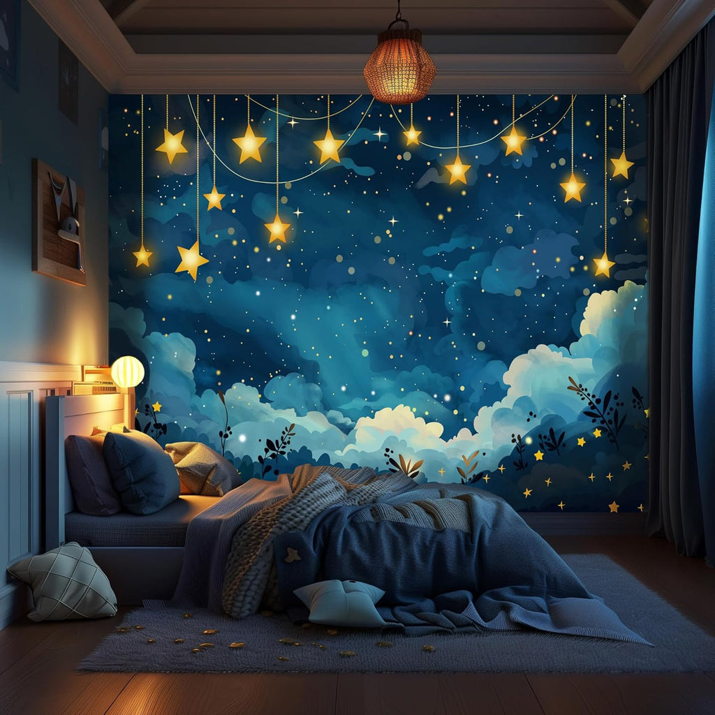 Starry Sky Peel and Stick Wallpaper Mural, Night Celestial Blue | Seamless edge-to-edge match for easy DIY. Starry