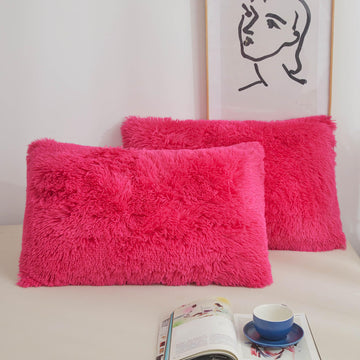 Faux Fur Fluffy Pillow Cases, Soft Plush Shaggy Furry Hot Pink Pillowcases, Velvet Fuzzy Decorative Throw Pillow