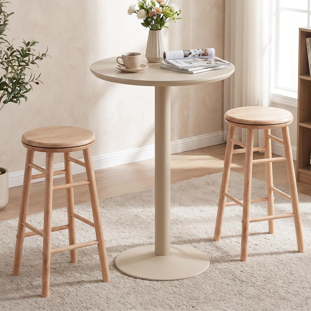 Wooden Swivel Round Bar Stools Set of 2, 24-inch Height Backless Counter Chairs with Footrest, 330Lbs Sturdy