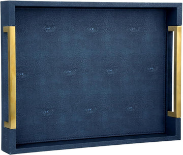 Faux Leather Serving Tray with Gold Metal Handles, Stylish Decorative Tray Organizer for Coffee Table, Ottoman, Home